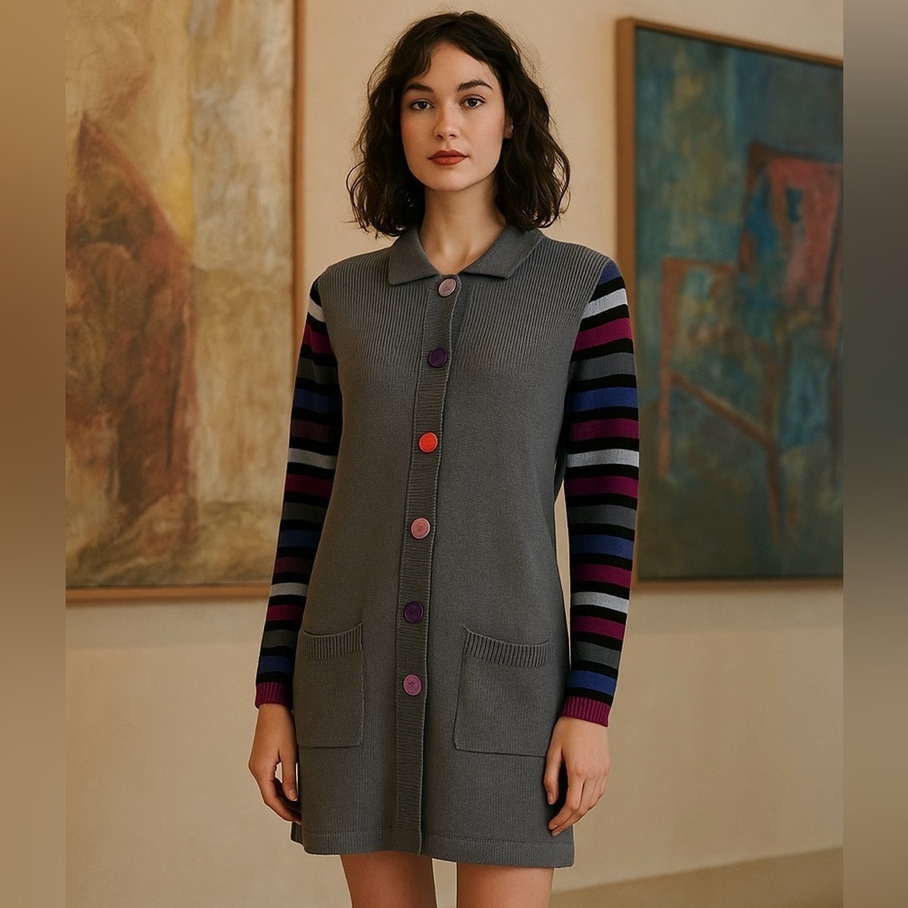 Bob Mackie Wearable Art Longline Cardigan Sweater Dress L Gray Artsy Colorful - Picture 1 of 10